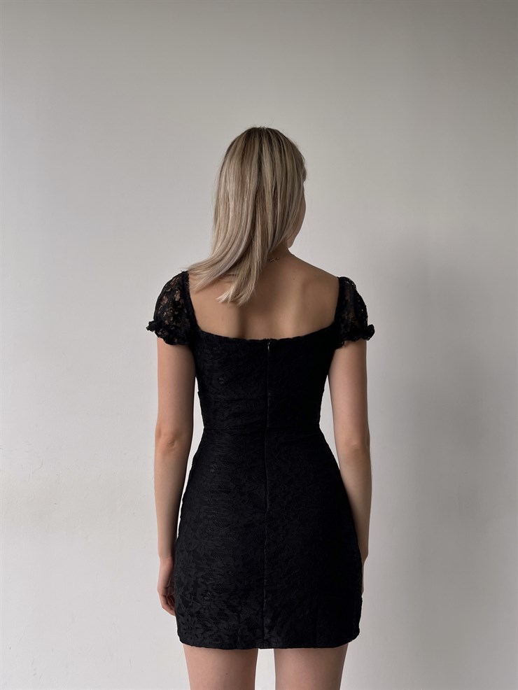 Mini Boy Dantel Göğüsten Bağcıklı Yırtmaçlı Lope Kadın Siyah Elbise 22Y000387