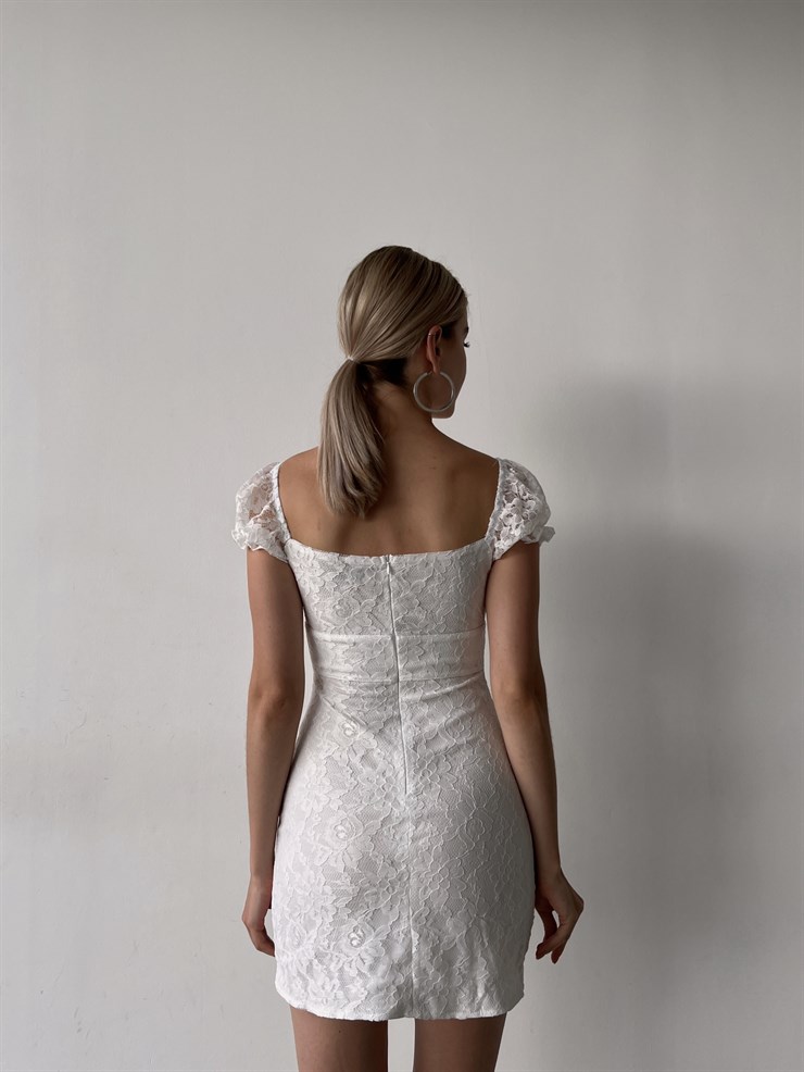 Mini Boy Dantel Göğüsten Bağcıklı Yırtmaçlı Lope Kadın Beyaz Elbise 22Y000387