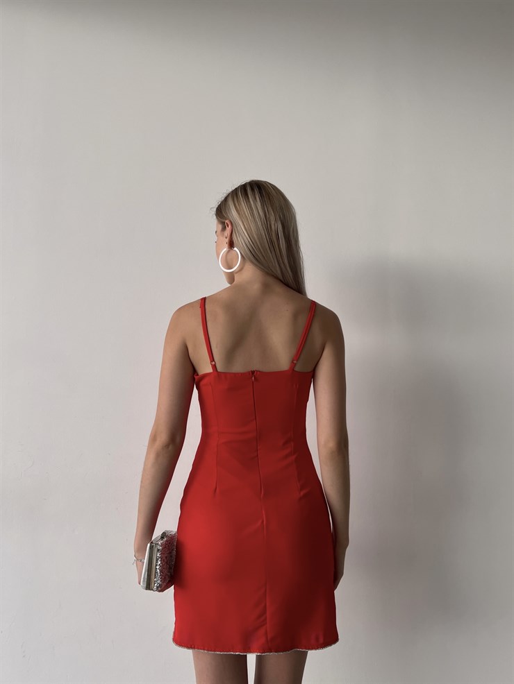 Mini Boy Etek Ve Göğüs Çevresi Taş Detay Jalyn Kadın Kırmızı Elbise 22Y000297