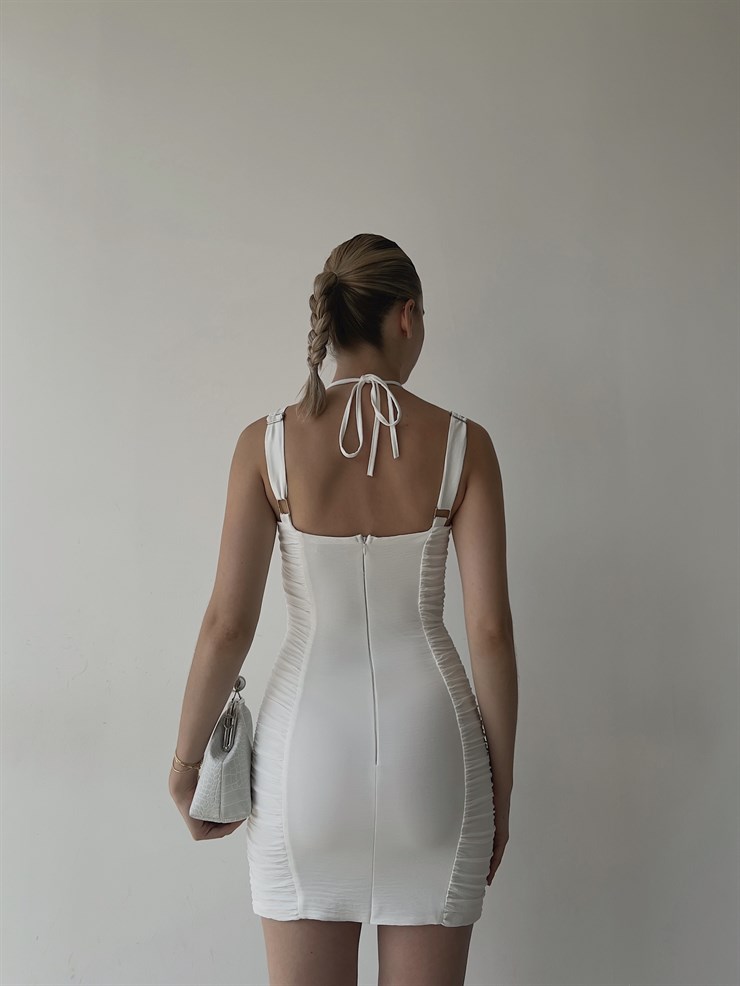 Mini Boy Omuz Ve Boyundan Askılı Drapeli Vice Kadın Beyaz Elbise 22Y000362