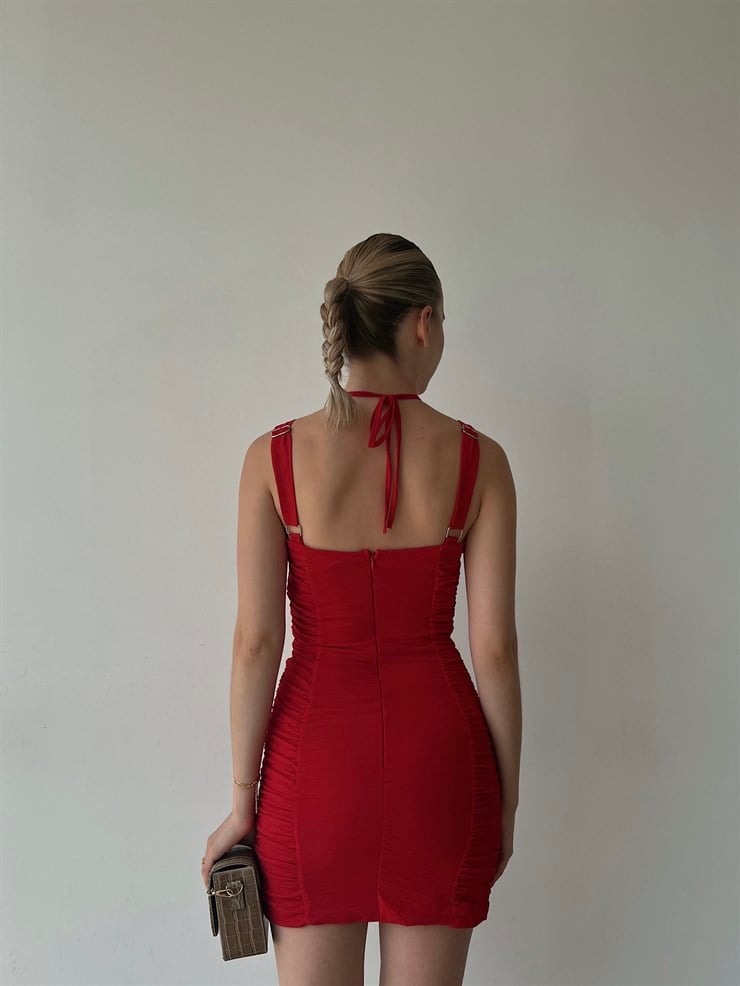 Mini Boy Omuz Ve Boyundan Askılı Drapeli Vice Kadın Kırmızı Elbise 22Y000362