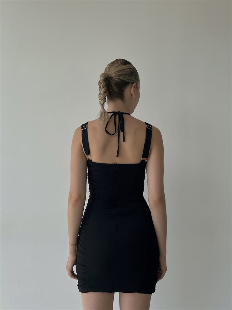 Mini Boy Omuz Ve Boyundan Askılı Drapeli Vice Kadın Siyah Elbise 22Y000362