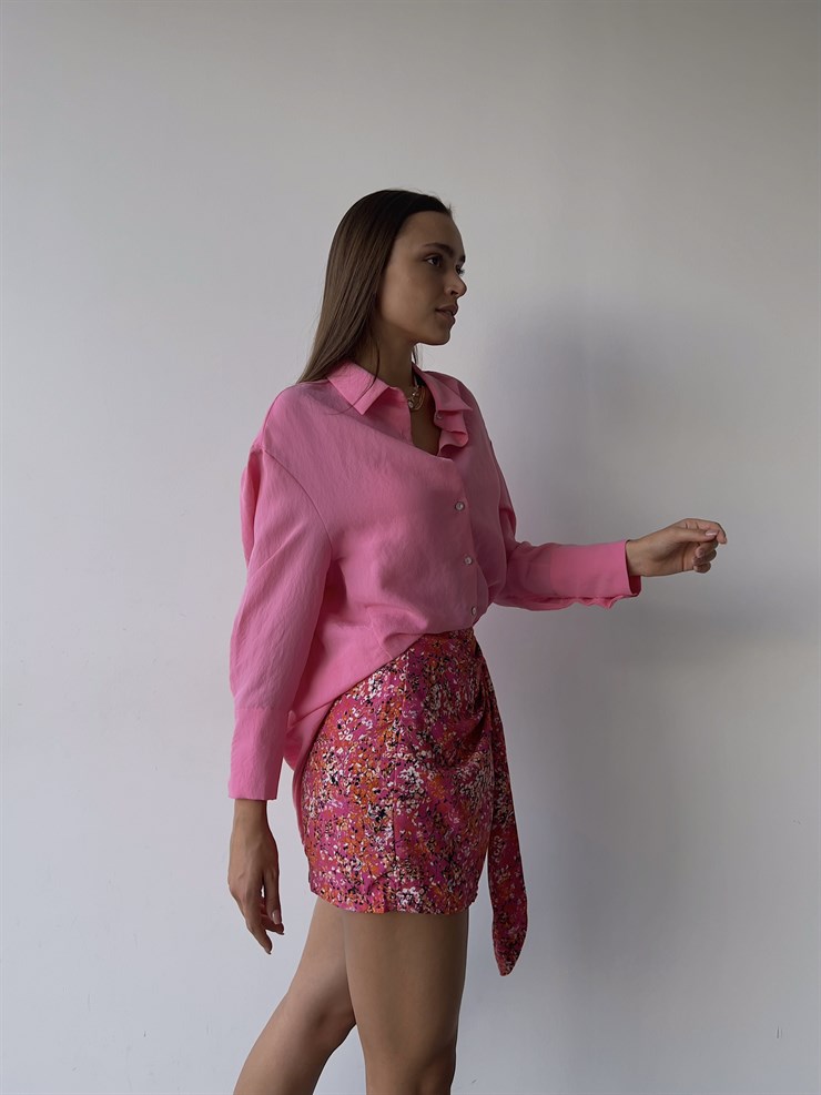 Mini Çiçek Desenli kruvaze Bağcıklı Carlina Kadın Pembe Şort Etek 22Y000510