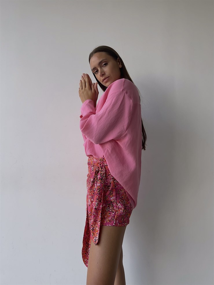 Mini Çiçek Desenli kruvaze Bağcıklı Carlina Kadın Pembe Şort Etek 22Y000510