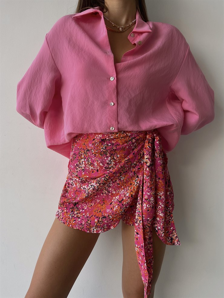 Mini Çiçek Desenli kruvaze Bağcıklı Carlina Kadın Pembe Şort Etek 22Y000510