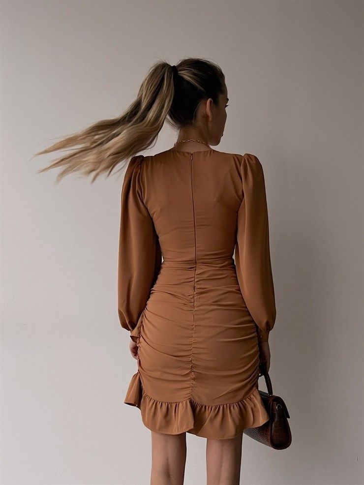 Mini Eteği Volanlı Drapeli Patrice Kadın Taba Elbise 22K000430