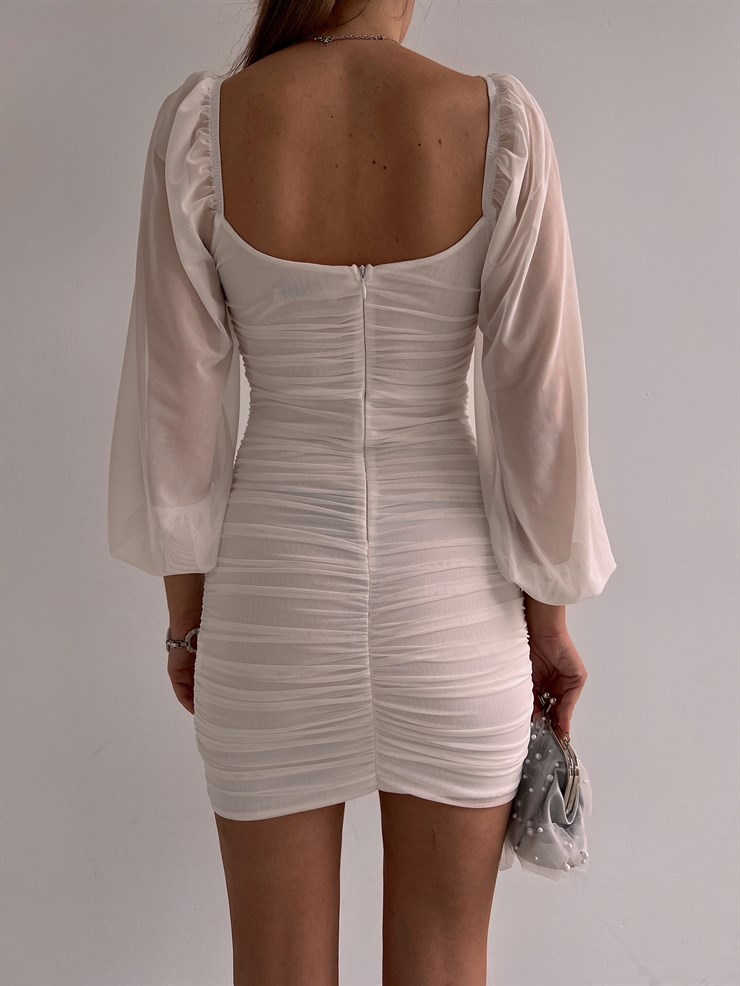 Mini Kare Yaka Büzgülü Carol Kadın Beyaz Tül Elbise 22K000564