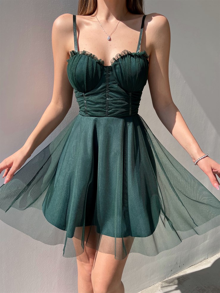 Mini Kiloş Kesim Göğüs Dolgulu İnce Askı  Santos Kadın Yeşil Tül Elbise 22Y000200