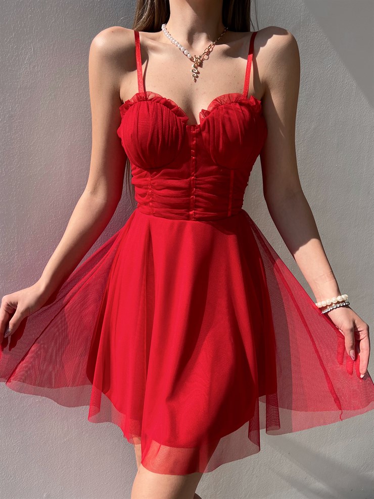 Mini Kiloş Kesim Göğüs Dolgulu İnce Askı  Santos Kadın Kırmızı Tül Elbise 22Y000200