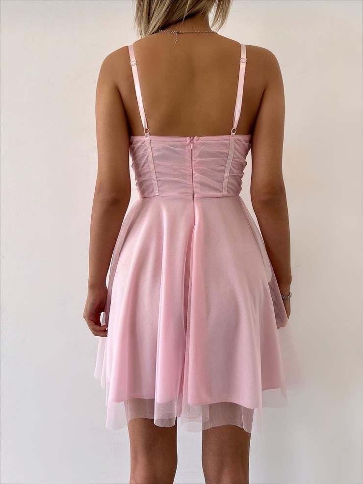 Mini Kiloş Kesim Göğüs Dolgulu İnce Askı  Santos Kadın Pudra Tül Elbise 22Y000200