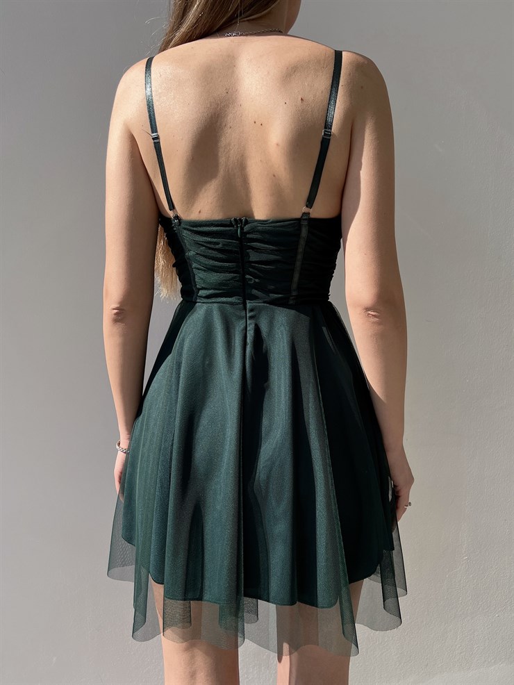 Mini Kiloş Kesim Göğüs Dolgulu İnce Askı  Santos Kadın Yeşil Tül Elbise 22Y000200