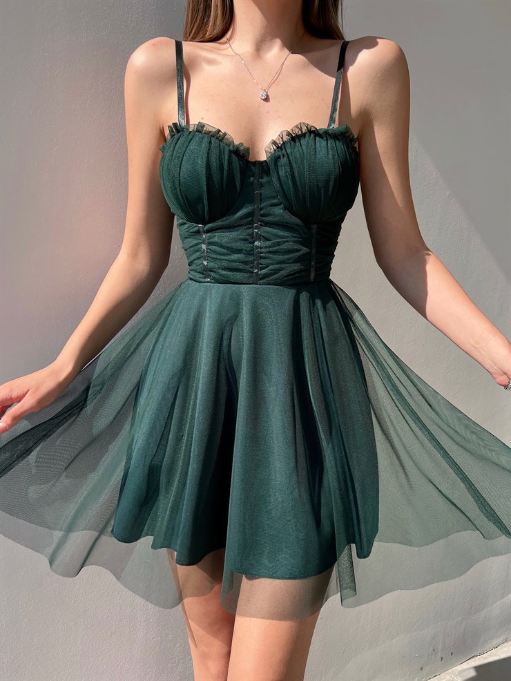 Mini Kiloş Kesim Göğüs Dolgulu İnce Askı  Santos Kadın Yeşil Tül Elbise 22Y000200