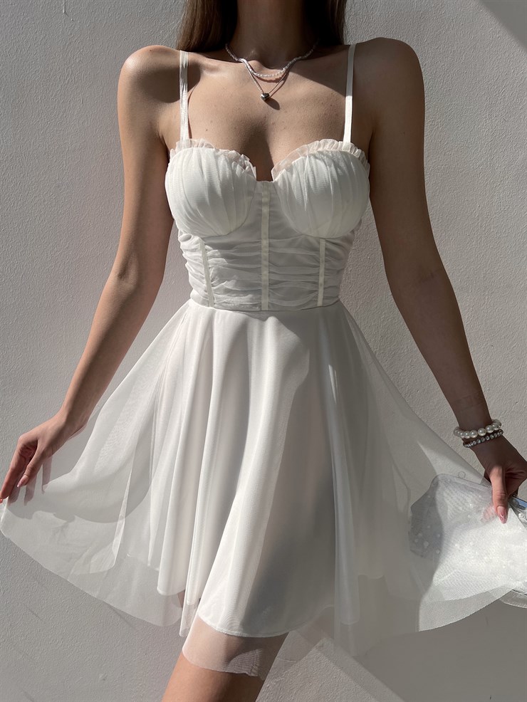 Mini Kiloş Kesim Göğüs Dolgulu İnce Askı  Santos Kadın Beyaz Tül Elbise 22Y000200