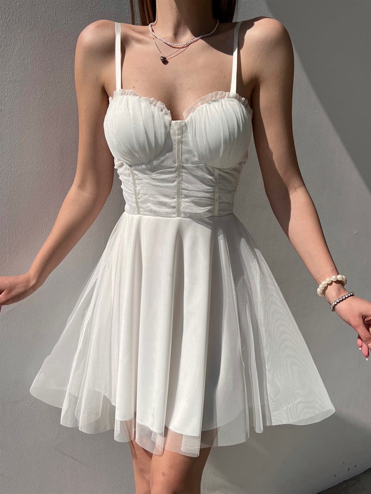 Mini Kiloş Kesim Göğüs Dolgulu İnce Askı  Santos Kadın Beyaz Tül Elbise 22Y000200