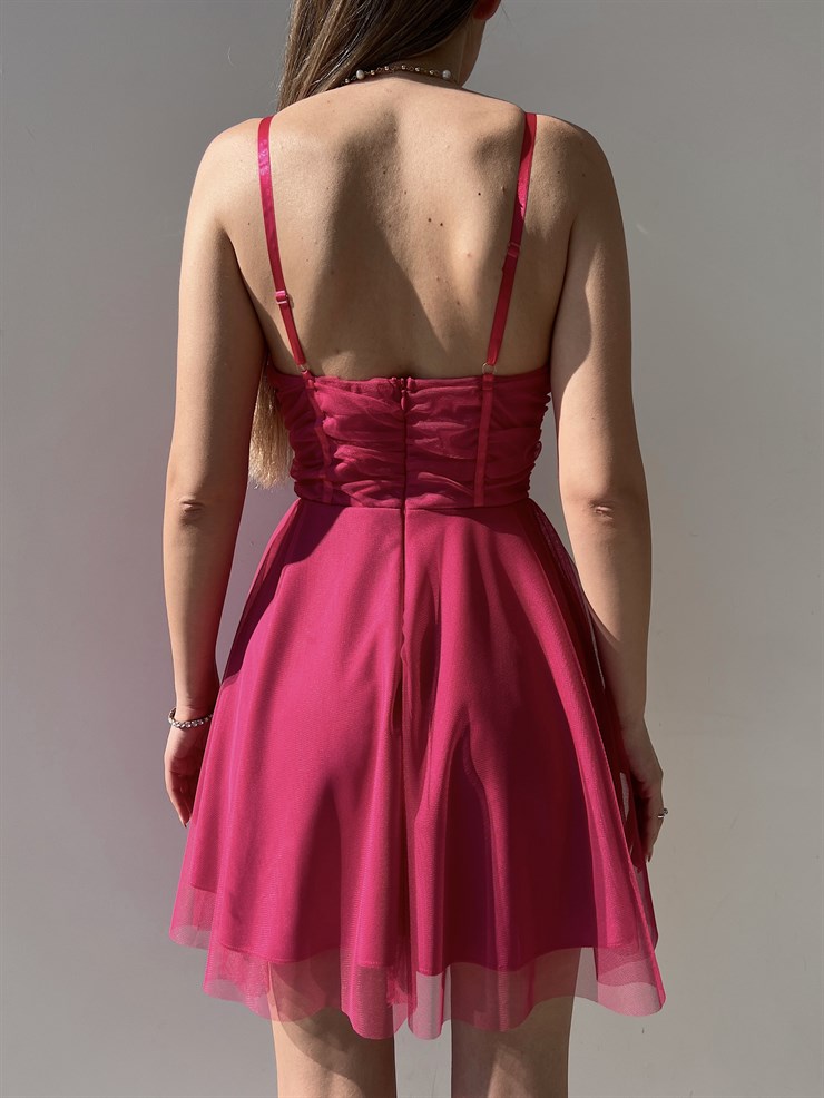 Mini Kiloş Kesim Göğüs Dolgulu İnce Askı  Santos Kadın Fuşya Tül Elbise 22Y000200