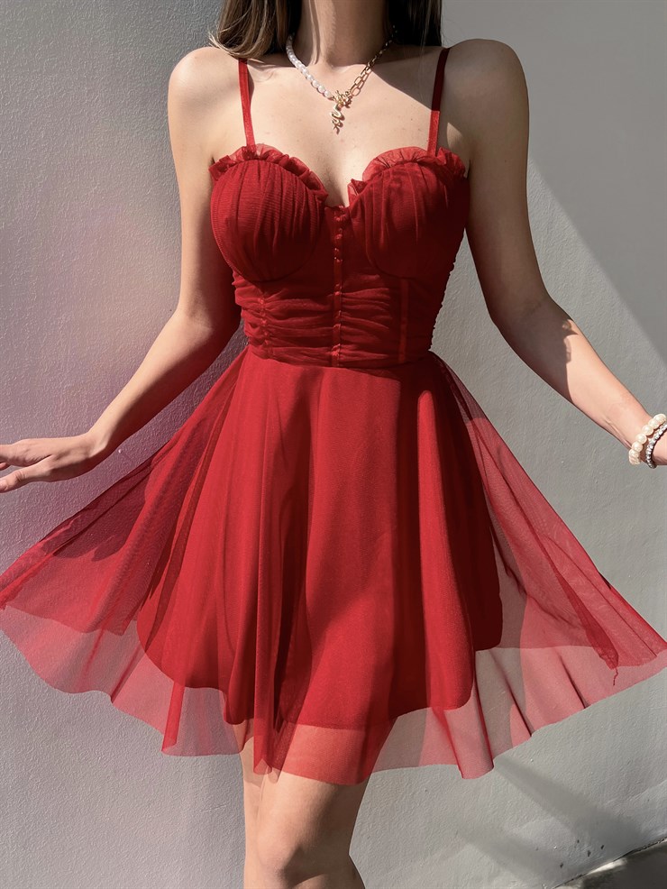 Mini Kiloş Kesim Göğüs Dolgulu İnce Askı  Santos Kadın Kırmızı Tül Elbise 22Y000200