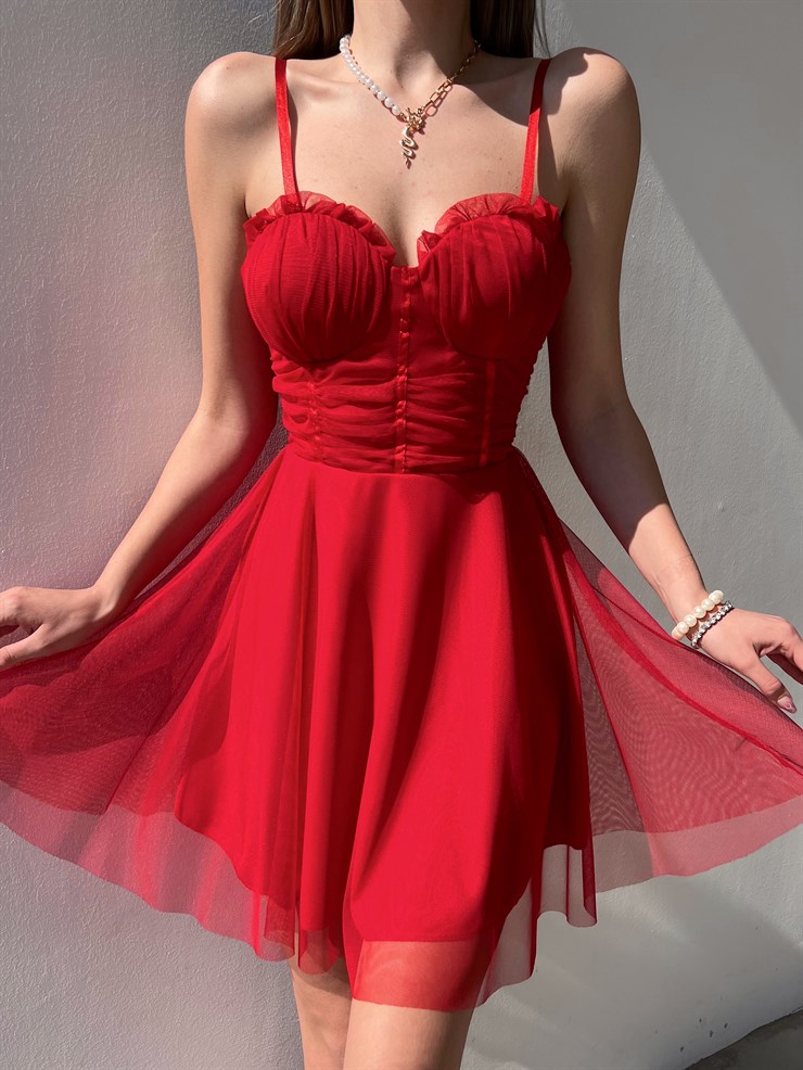 Mini Kiloş Kesim Göğüs Dolgulu İnce Askı  Santos Kadın Kırmızı Tül Elbise 22Y000200