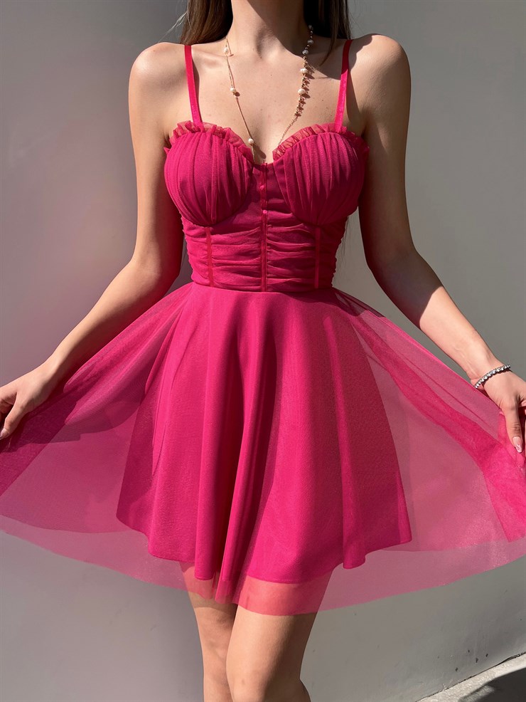 Mini Kiloş Kesim Göğüs Dolgulu İnce Askı  Santos Kadın Fuşya Tül Elbise 22Y000200