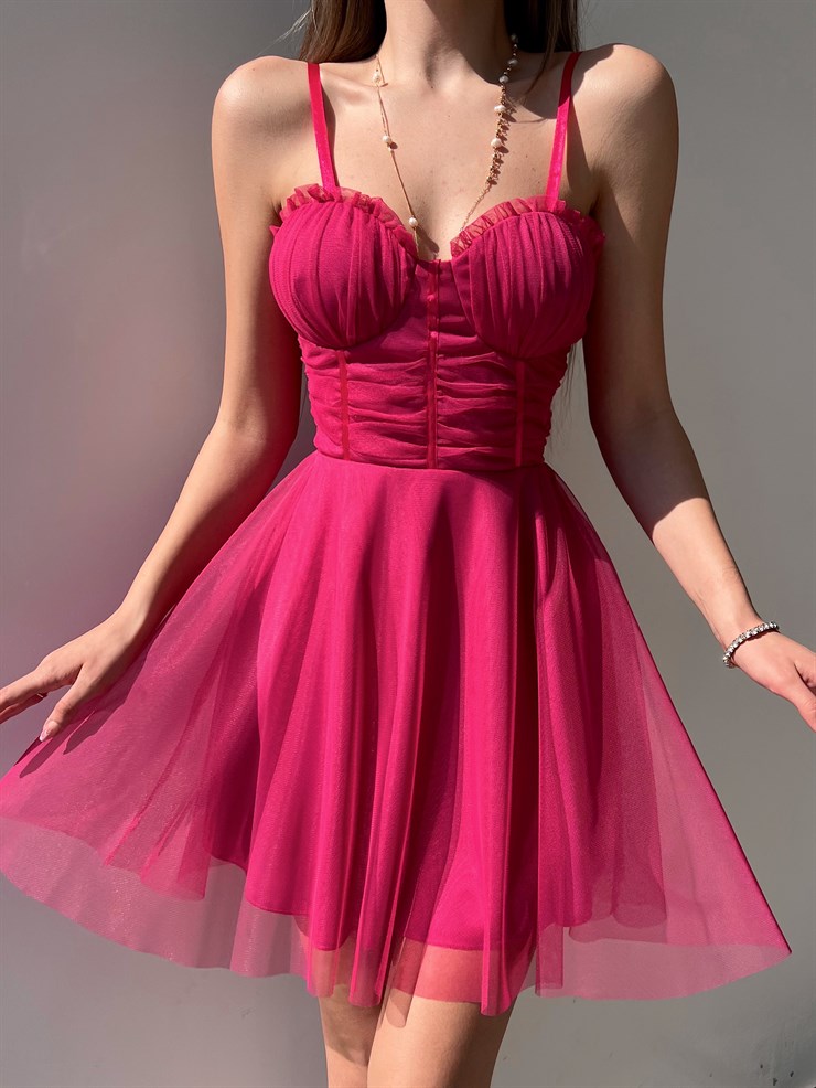 Mini Kiloş Kesim Göğüs Dolgulu İnce Askı  Santos Kadın Fuşya Tül Elbise 22Y000200