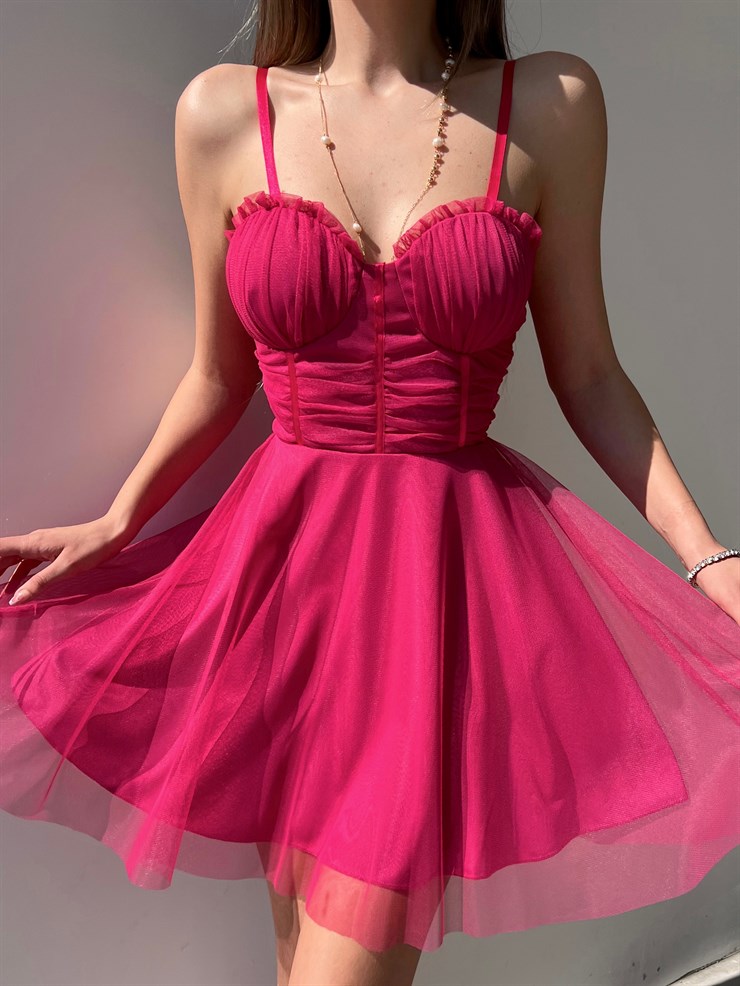 Mini Kiloş Kesim Göğüs Dolgulu İnce Askı  Santos Kadın Fuşya Tül Elbise 22Y000200