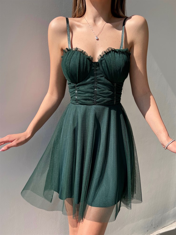 Mini Kiloş Kesim Göğüs Dolgulu İnce Askı  Santos Kadın Yeşil Tül Elbise 22Y000200