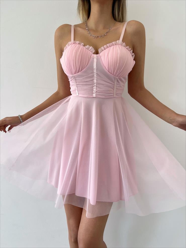 Mini Kiloş Kesim Göğüs Dolgulu İnce Askı  Santos Kadın Pudra Tül Elbise 22Y000200