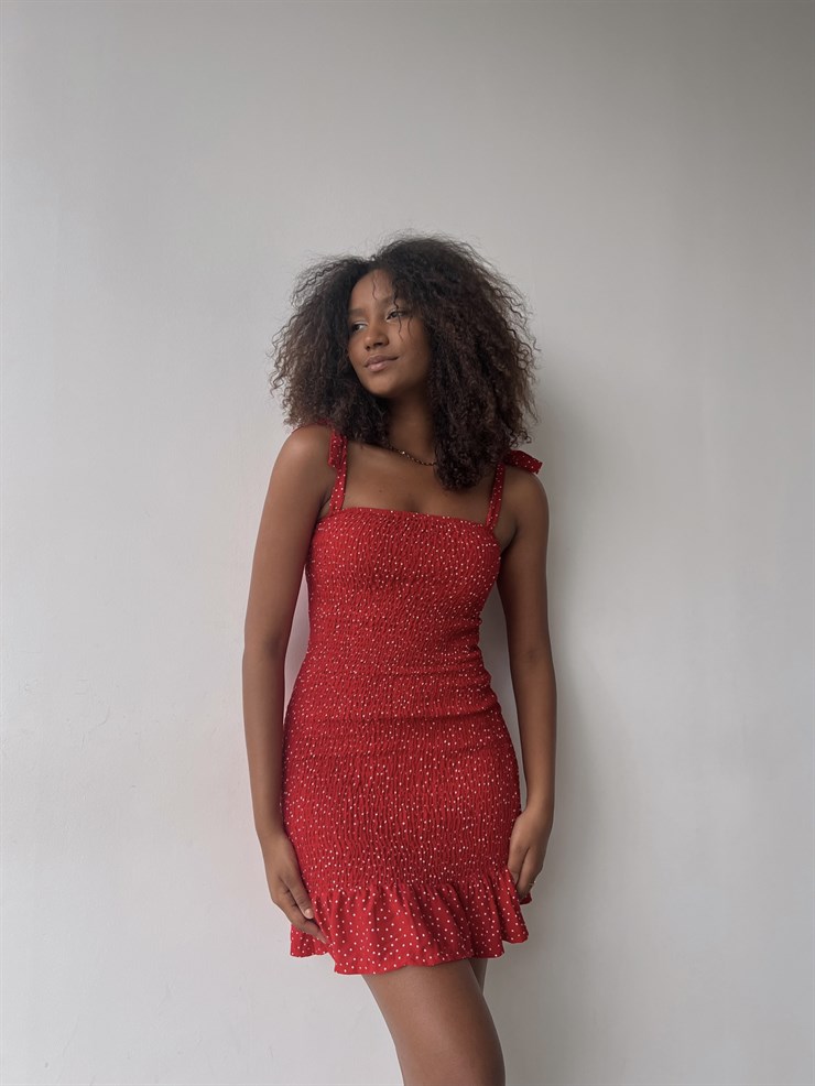 Mini Puntiyeli Ayarlanabilir Askılı Gipeli Manno Kadın Kırmızı Elbise 22Y000461