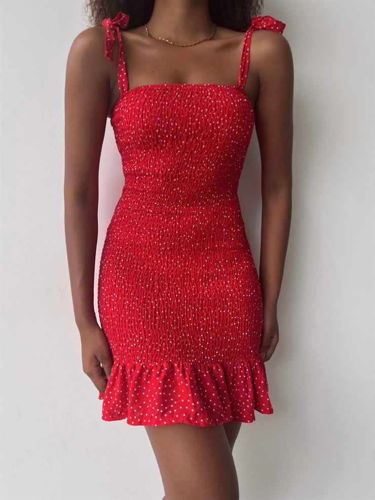 Mini Puntiyeli Ayarlanabilir Askılı Gipeli Manno Kadın Kırmızı Elbise 22Y000461