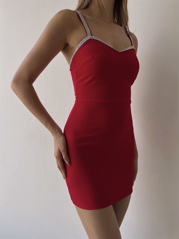 Mini Şerit Detay Askılı Likralı Norma Kadın Kırmızı Elbise 22K000588