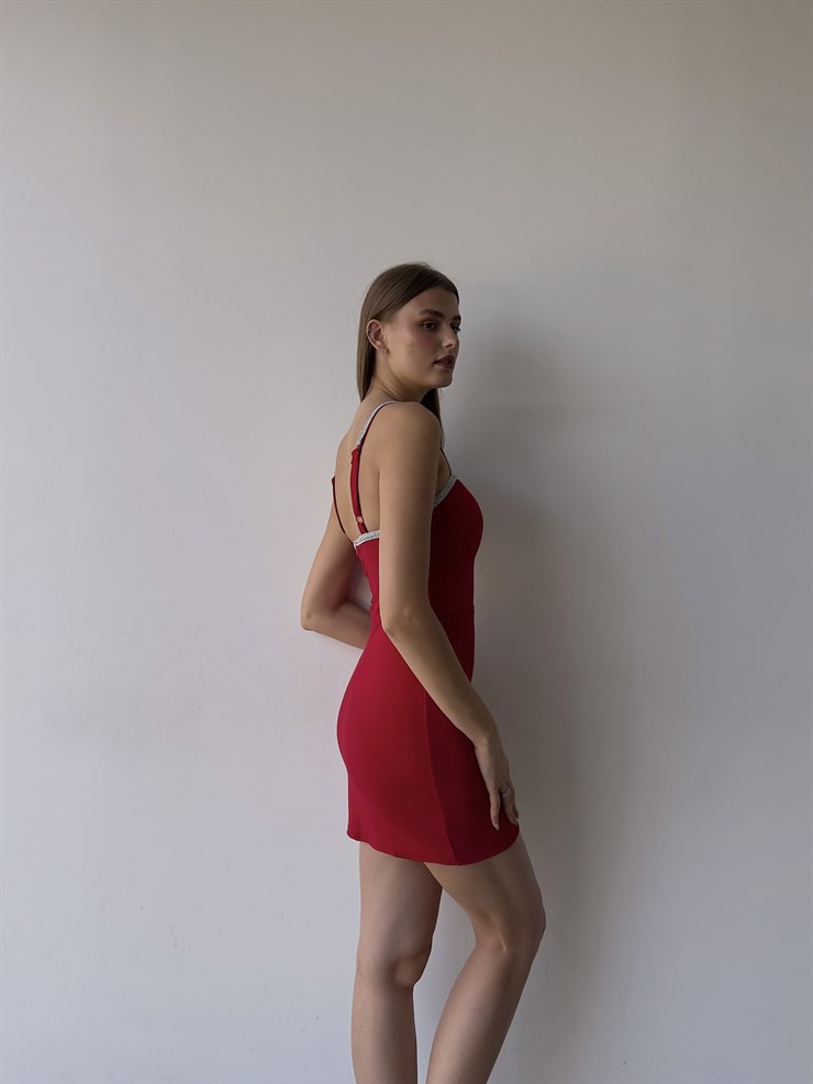 Mini Şerit Detay Askılı Likralı Norma Kadın Kırmızı Elbise 22K000588