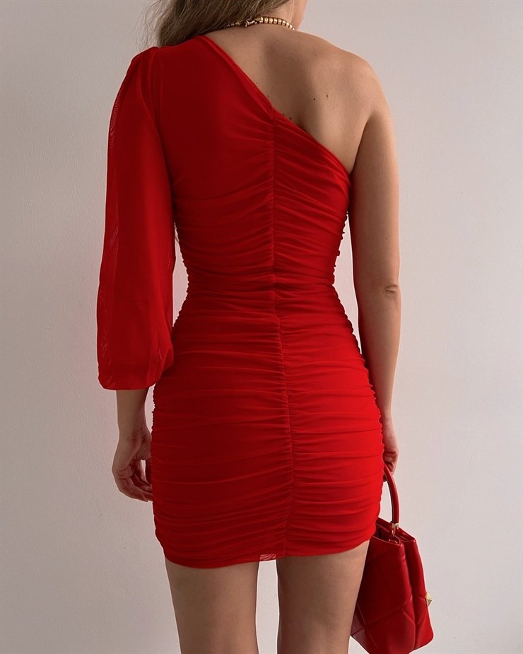 Mini Tek Kol Büzgülü April Kadın Kırmızı Tül Elbise 22K000566