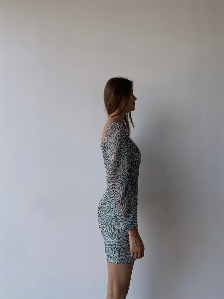 Mini Yaprak Desenli Drapeli Nora Kadın Yeşil Şifon Elbise 21Y000273