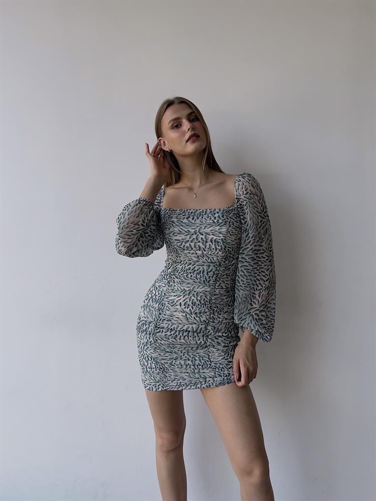 Mini Yaprak Desenli Drapeli Nora Kadın Yeşil Şifon Elbise 21Y000273