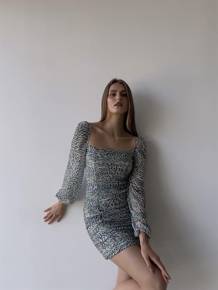 Mini Yaprak Desenli Drapeli Nora Kadın Yeşil Şifon Elbise 21Y000273