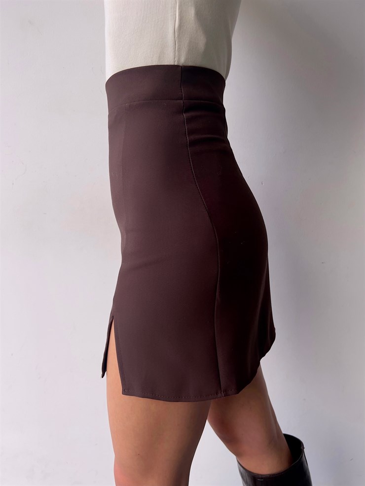 Mini Yüksek Bel Önden Yırtmaçlı Philip Kadın Kahve Etek 22Y000149