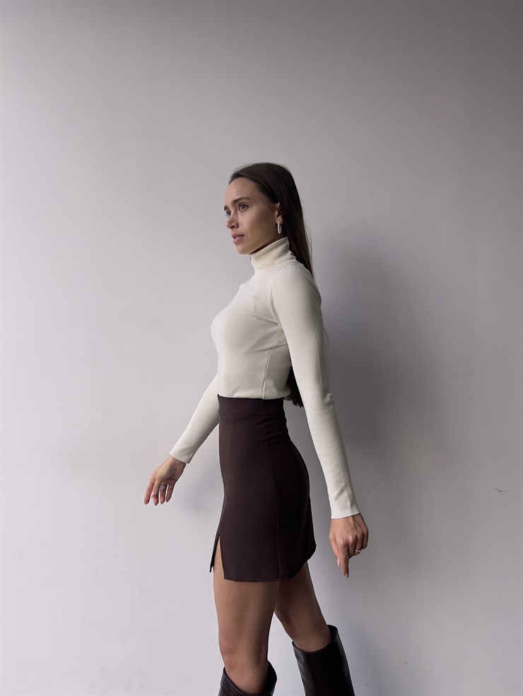 Mini Yüksek Bel Önden Yırtmaçlı Philip Kadın Kahve Etek 22Y000149