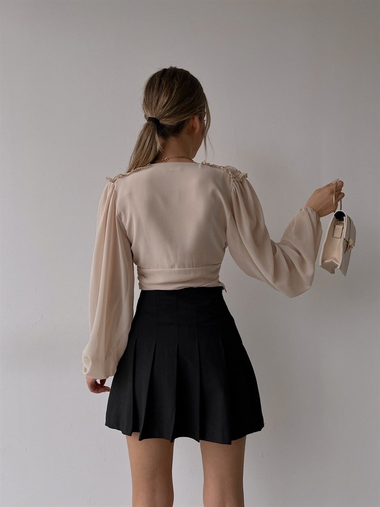 Mini Yüksek Bel Pileli Kadın Siyah Etek 22K000239