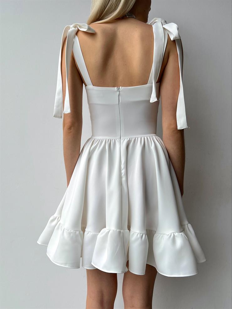 Ayarlanabilir Kalın Askı Eteği Volanlı Mirene Kadın Ekru Mini Elbise 23Y000204