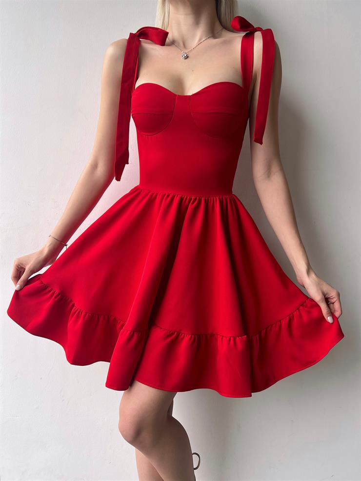 Ayarlanabilir Kalın Askı Eteği Volanlı Mirene Kadın Kırmızı Mini Elbise 23Y000204