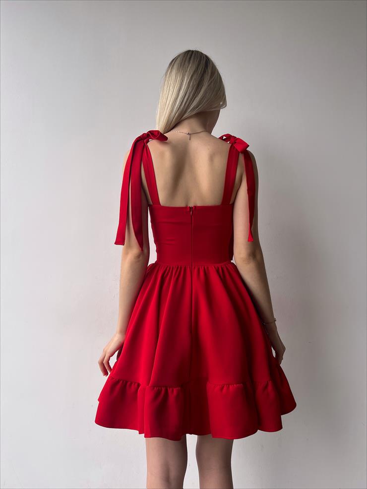 Ayarlanabilir Kalın Askı Eteği Volanlı Mirene Kadın Kırmızı Mini Elbise 23Y000204