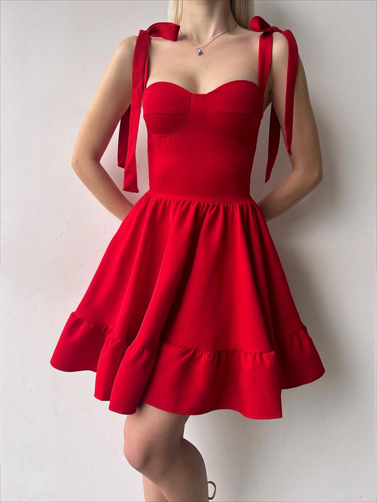 Ayarlanabilir Kalın Askı Eteği Volanlı Mirene Kadın Kırmızı Mini Elbise 23Y000204