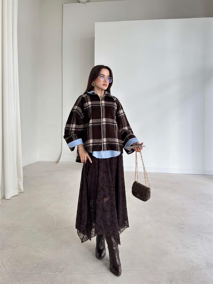 Önü Fermuarlı Ekose Desenli Geniş Kol Mırene Kahve Kadın Mont 26K374