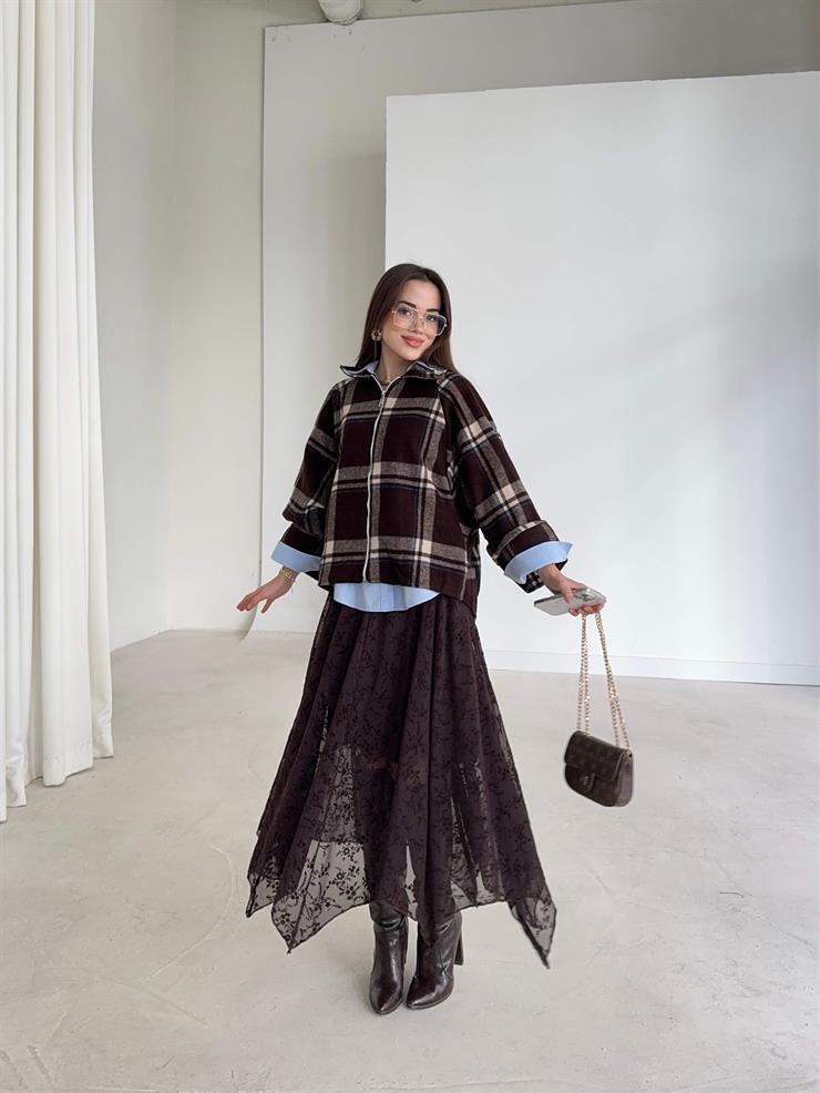 Önü Fermuarlı Ekose Desenli Geniş Kol Mırene Kahve Kadın Mont 26K374