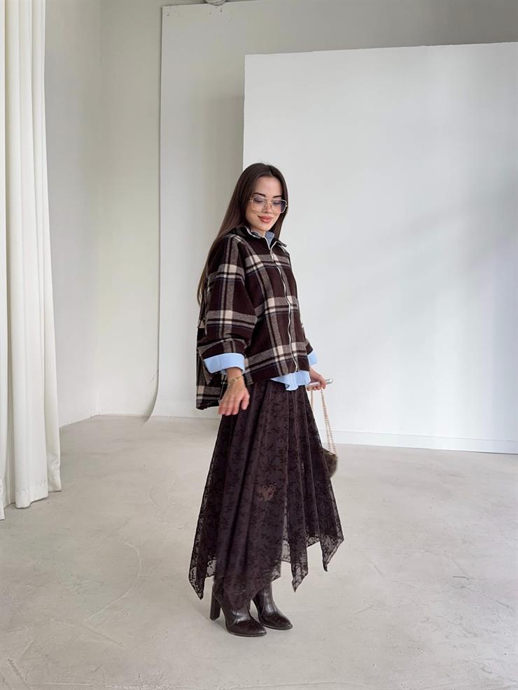 Önü Fermuarlı Ekose Desenli Geniş Kol Mırene Kahve Kadın Mont 26K374