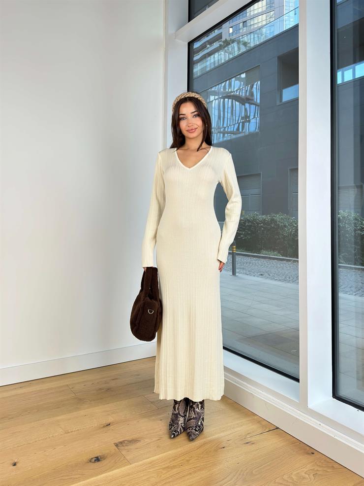 V Yaka Uzun Kol Mirka Taş Kadın Triko Elbise 25K227