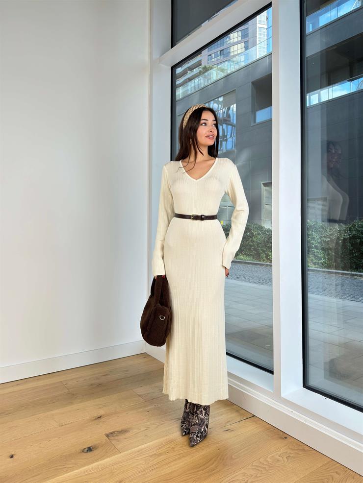 V Yaka Uzun Kol Mirka Taş Kadın Triko Elbise 25K227