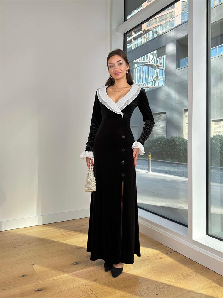 V Yaka Fırfır Ve Düğme Detaylı Mirna Siyah Kadın Kadife Elbise 25K313