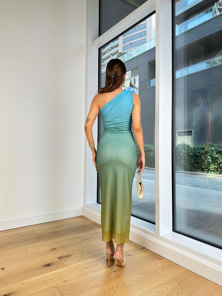 Tek Omuz Askılı Aksesuarlı Drapeli Mirnes Kadın Turkuaz Elbise 24Y829