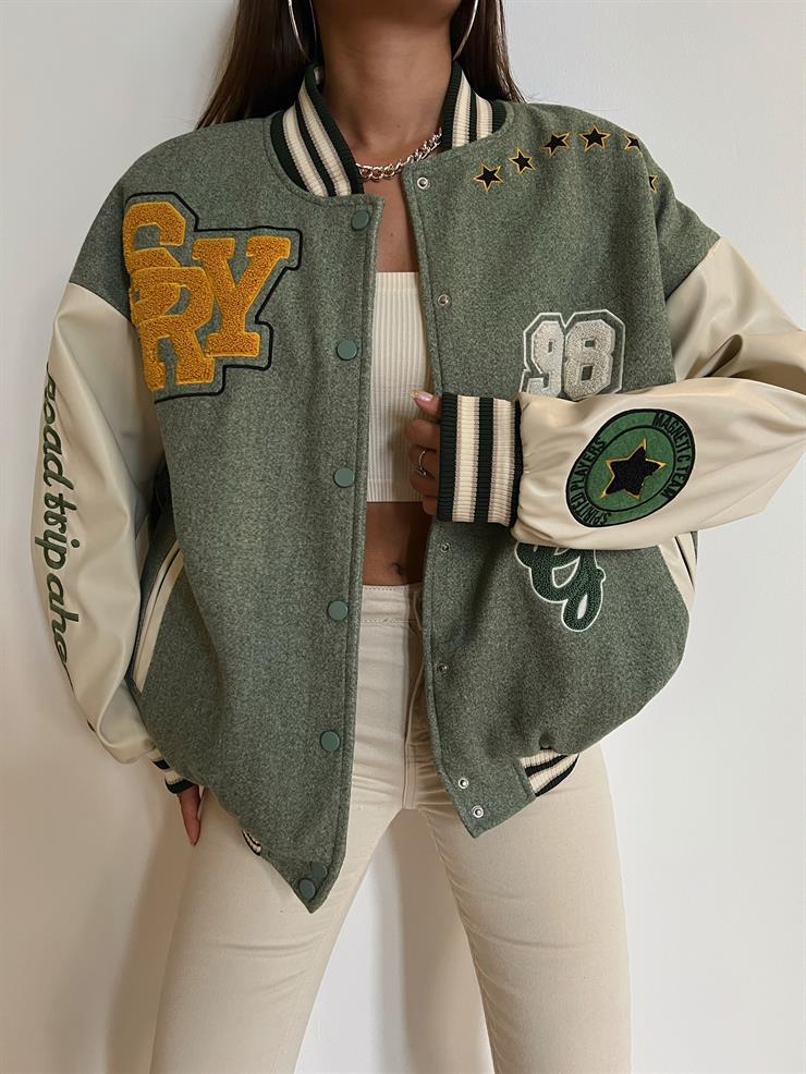 Kolları Vegan Deri Detaylı Miroslav Kadın Haki Kolej Ceketi 23K000479