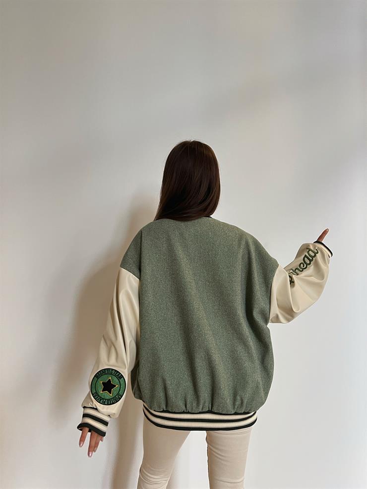 Kolları Vegan Deri Detaylı Miroslav Kadın Haki Kolej Ceketi 23K000479